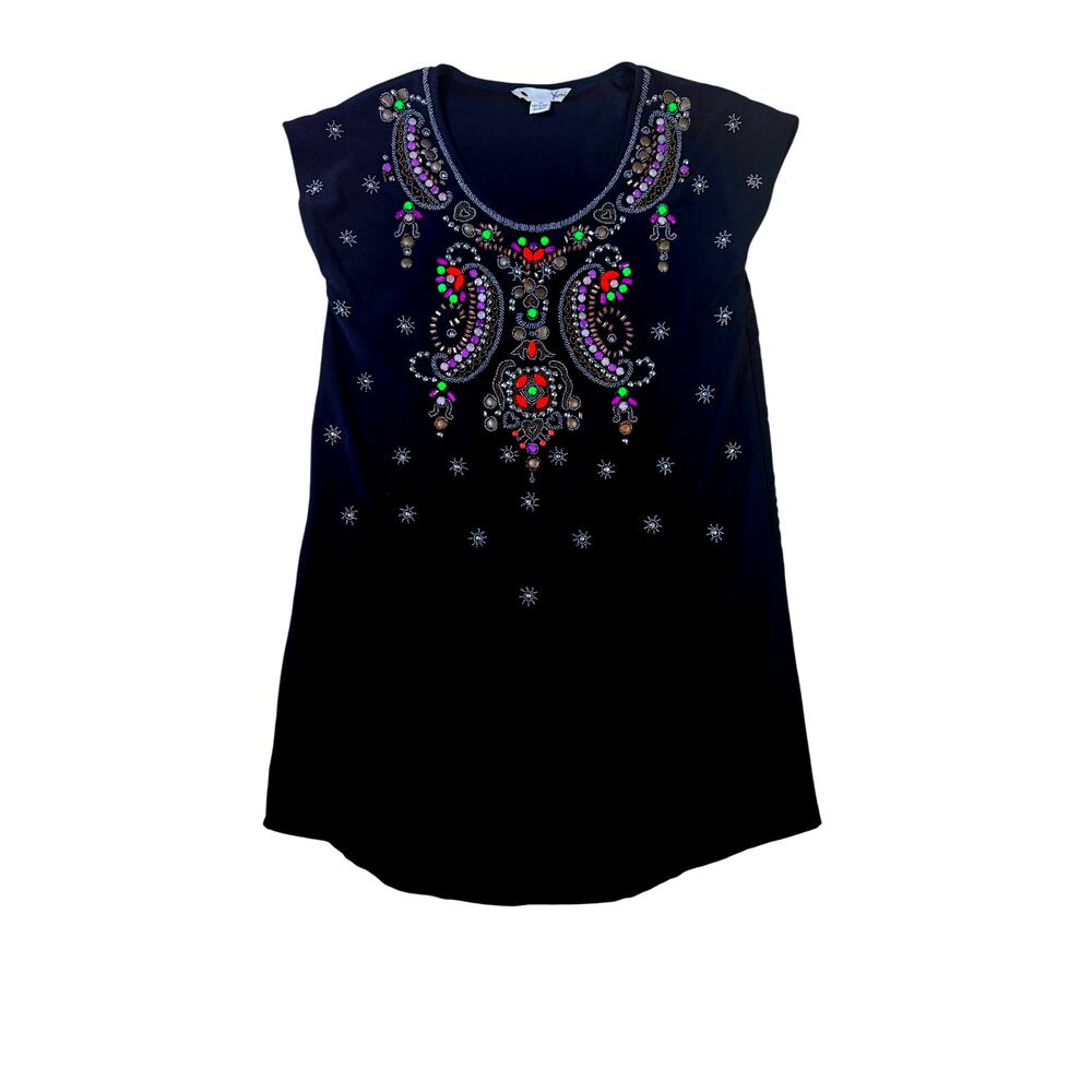 Yumi XS Black Beaded Paisley Tunic‎ Top Neon Embellished Boho Maximalist